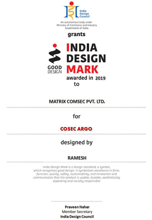 Matrix COSEC ARGO bags the coveted India Design Mark Award 2019