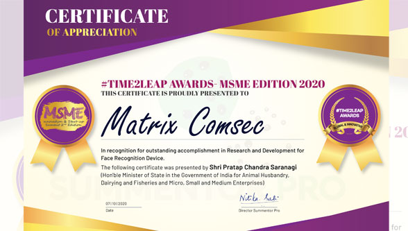 Matrix wins the Time2Leap R & D Award for its Face Recognition Device